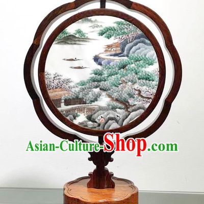 China Table Lantern Screen Embroidered Landscape LED Bedside Lamp Handmade Wood Decoration