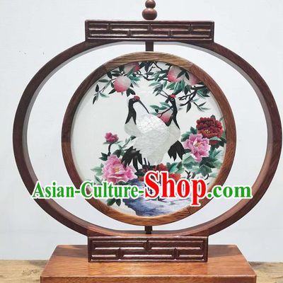 China Handmade Wood Table Screen Decoration LED Desk Lantern Suzhou Embroidered Crane Peony Bedside Lamp