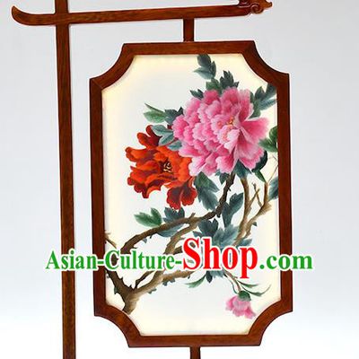 China LED Desk Lantern Suzhou Embroidered Peony Bedside Lamp Handmade Wood Table Decoration