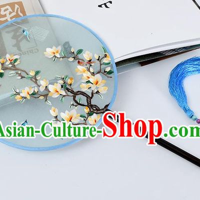 China Handmade Palace Fan Classical Dance Blue Silk Fan Traditional Suzhou Embroidered Mangnolia Circular Fan