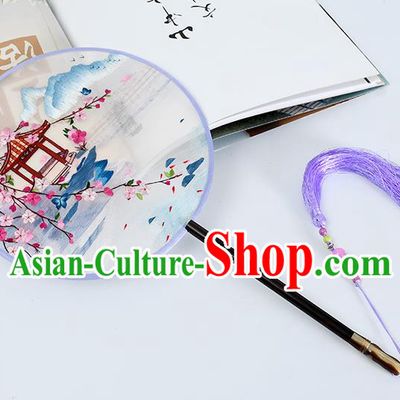 China Handmade Palace Fan Classical Dance Silk Fan Traditional Suzhou Embroidered Waterside Pavilion Circular Fan