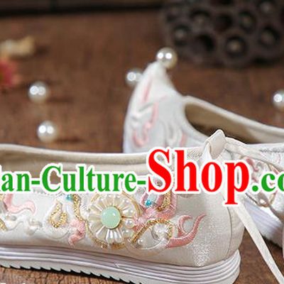 China Ancient Princess Shoes Traditional Ming Dynasty Hanfu Shoes Embroidered White Satin Shoes