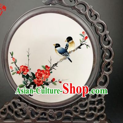 China Traditional Embroidery Begonia Table Screen Handmade Wenge Panel Screen