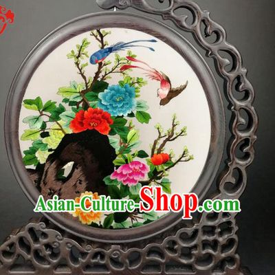 China Traditional Suzhou Embroidery Peony Flowers Table Screen Handmade Wenge Panel Screen