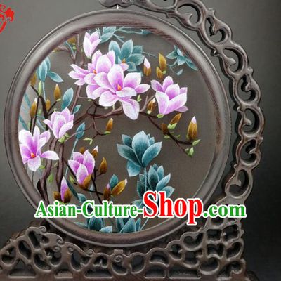Chinese Traditional Wenge Screen Suzhou Embroidered Mangnolia Table Screen