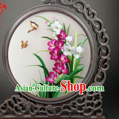 Chinese Traditional Suzhou Embroidered Orchids Table Screen Handmade Wenge Screen