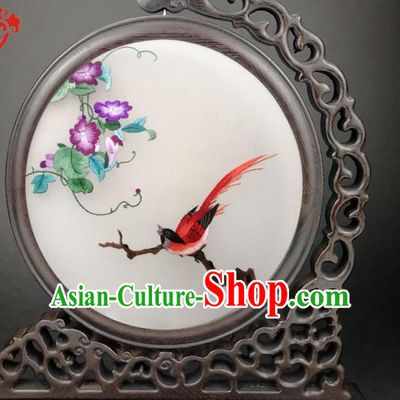Chinese Suzhou Embroidered Petunia Table Screen Handmade Wenge Carving Screen Traditional Little Furniture