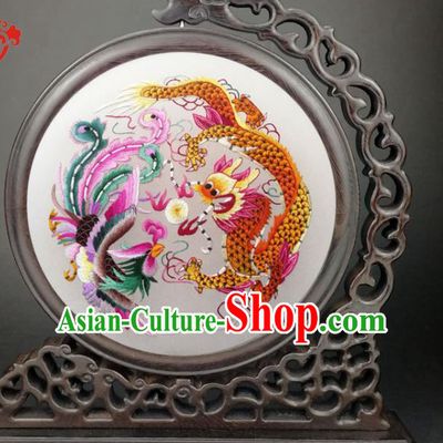 Chinese Suzhou Embroidered Dragon Phoenix Table Screen Traditional Wenge Carving Little Furniture