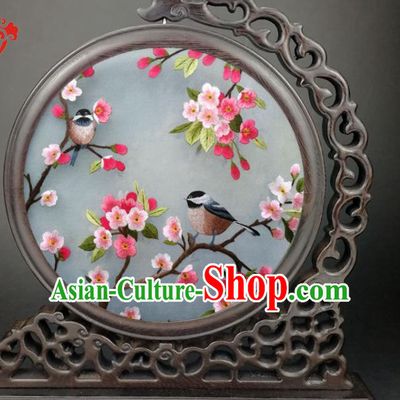 Chinese Double Side Embroidered Plum Blossom Desk Decorative Screen Traditional Wenge Carving Table Top Screen
