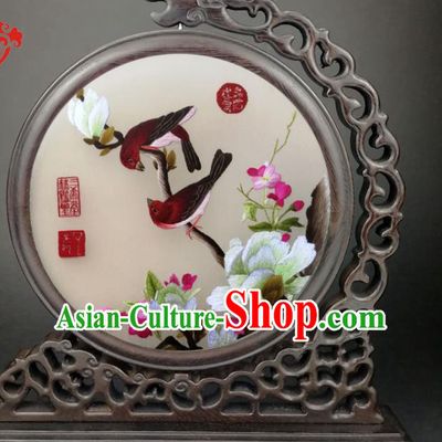 Chinese Traditional Wenge Table Decorative Screen Double Side Embroidered Mangnolia Birds Painting Desk Screen