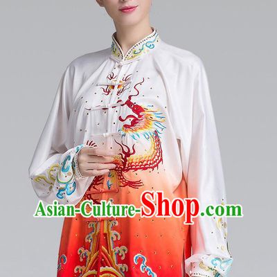 China Traditional Martial Arts Embroidered Dragon Gradient Red Uniforms Woman Kung Fu Tai Chi Clothing