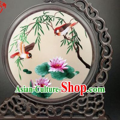 Chinese Suzhou Embroidered Lotus Table Screen Traditional Wenge Screen Handmade Double Side Silk Screen