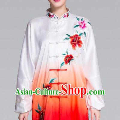 China Kung Fu Competition Clothing Traditional Martial Arts Embroidered Peony Gradient Red Uniforms