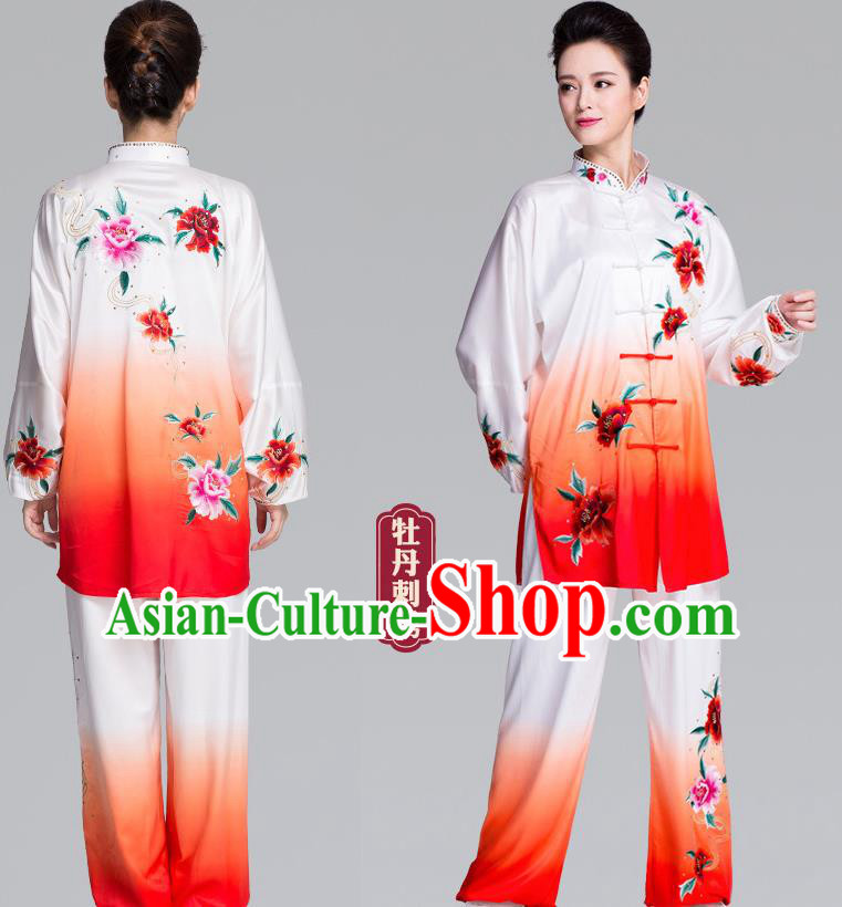 China Kung Fu Competition Clothing Traditional Martial Arts Embroidered Peony Gradient Red Uniforms China Kung Fu Competition Clothing Traditional Martial Arts Embroidered Peony Gradient Red Uniforms