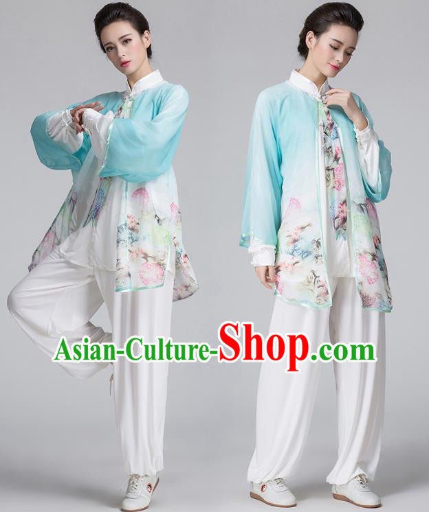 China Tai Chi Performance Costume Traditional Kung Fu Printing Flowers Light Blue Cape China Tai Chi Performance Costume Traditional Kung Fu Printing Flowers Light Blue Cape