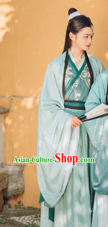 China Ancient Young Swordsman Embroidered Costumes Traditional Jin Dynasty Scholar Green Hanfu Clothing China Ancient Young Swordsman Embroidered Costumes Traditional Jin Dynasty Scholar Green Hanfu Clothing