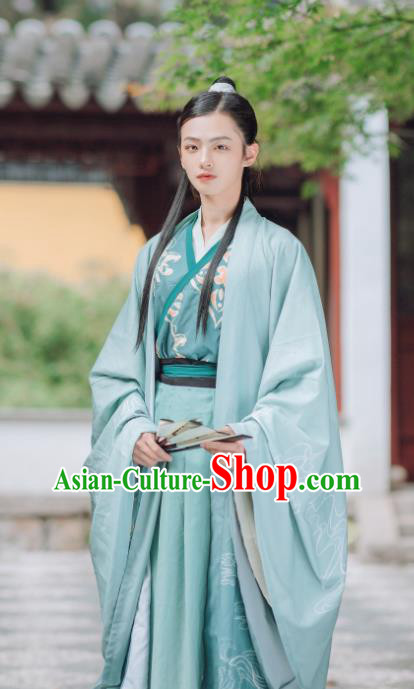 China Ancient Young Swordsman Embroidered Costumes Traditional Jin Dynasty Scholar Green Hanfu Clothing China Ancient Young Swordsman Embroidered Costumes Traditional Jin Dynasty Scholar Green Hanfu Clothing