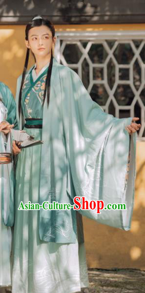 China Ancient Young Swordsman Embroidered Costumes Traditional Jin Dynasty Scholar Green Hanfu Clothing China Ancient Young Swordsman Embroidered Costumes Traditional Jin Dynasty Scholar Green Hanfu Clothing