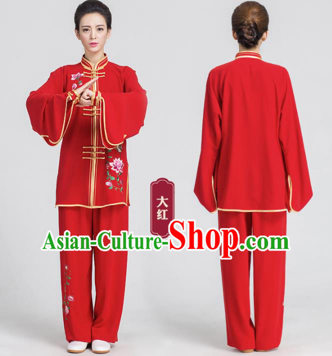 China Traditional Kung Fu Embroidered Flowers Red Outfits Tai Chi Competition Costume China Traditional Kung Fu Embroidered Flowers Red Outfits Tai Chi Competition Costume