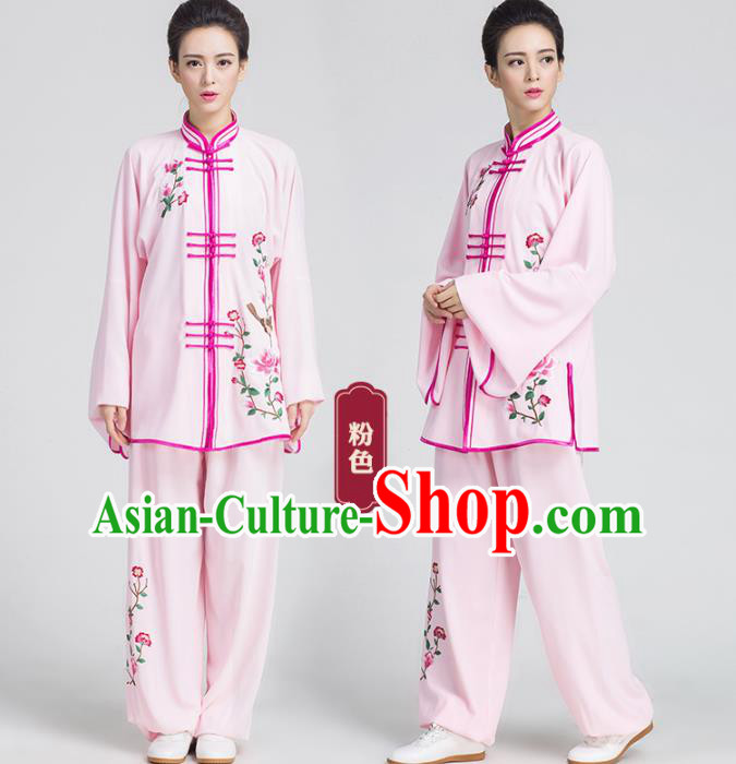 China Traditional Embroidered Flowers Pink Outfits Kung Fu Tai Chi Competition Costumes China Traditional Embroidered Flowers Pink Outfits Kung Fu Tai Chi Competition Costumes