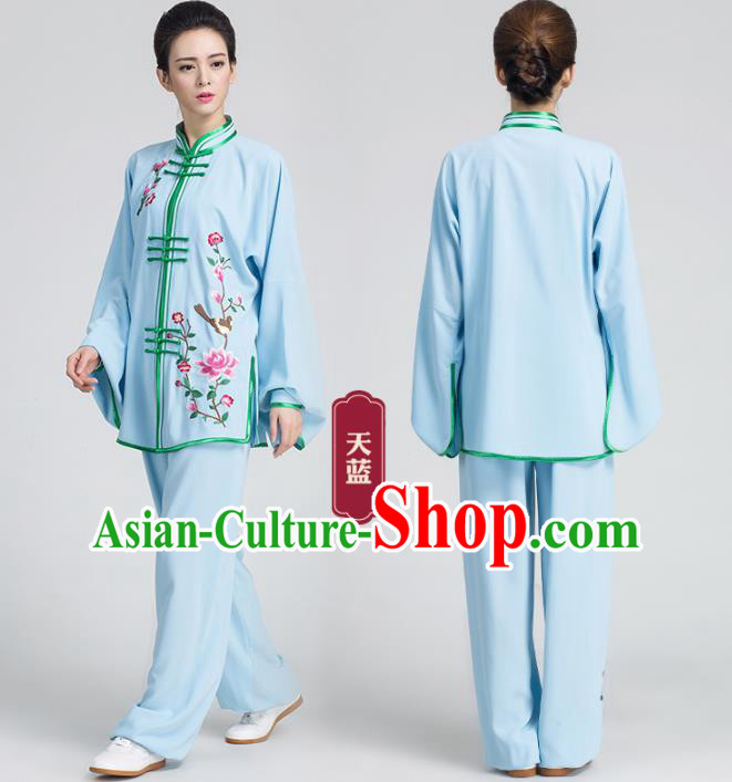China Kung Fu Tai Chi Competition Costumes Traditional Embroidered Flowers Blue Outfits China Kung Fu Tai Chi Competition Costumes Traditional Embroidered Flowers Blue Outfits
