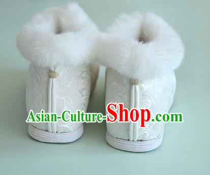 China Traditional Hanfu White Brocade Short Boots National Winter Women Cotton Padded Shoes China Traditional Hanfu White Brocade Short Boots National Winter Women Cotton Padded Shoes