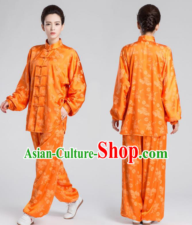 China Kung Fu Training Uniforms Traditional Martial Arts Orange Silk Apparels China Kung Fu Training Uniforms Traditional Martial Arts Orange Silk Apparels