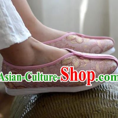 China Traditional Tai Chi Shoes National Women Cloth Shoes Pink Brocade Shoes
