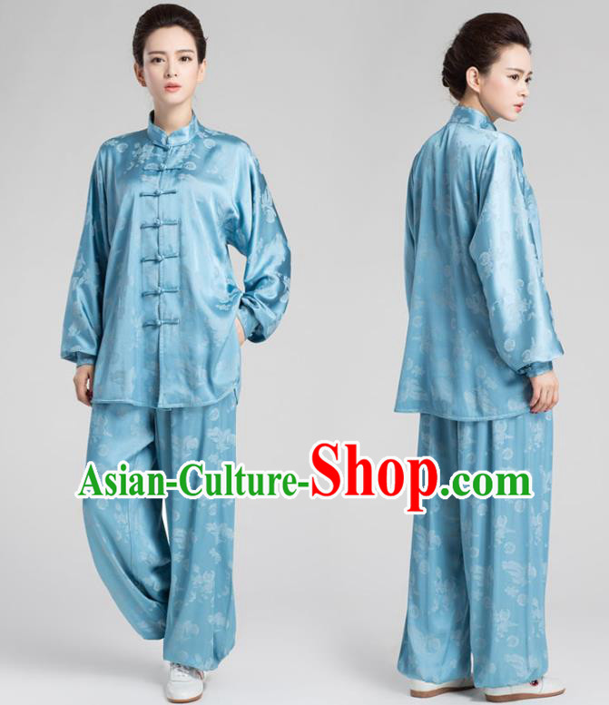 China Tai Chi Kung Fu Training Uniforms Traditional Martial Arts Blue Silk Clothing China Tai Chi Kung Fu Training Uniforms Traditional Martial Arts Blue Silk Clothing