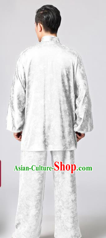 Chinese Traditional Dragon Pattern White Silk Costumes Kung Fu Uniforms for Men Chinese Traditional Dragon Pattern White Silk Costumes Kung Fu Uniforms for Men