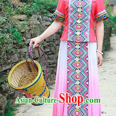 Chinese Tujia Nationality Young Woman Clothing Ethnic Folk Dance Pink Dress Outfits and Hat