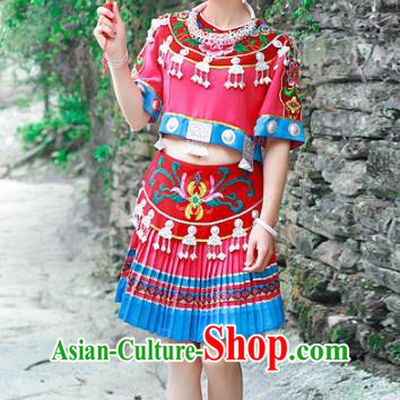 Chinese Hmong Ethnic Folk Dance Red Dress Outfits Miao Nationality Young Woman Clothing and Headpieces