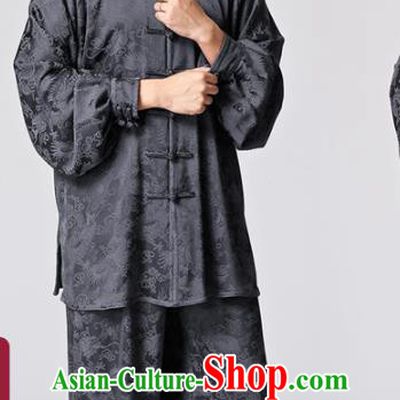 Chinese Kung Fu Uniforms Traditional Dragon Pattern Deep Grey Silk Costumes for Men