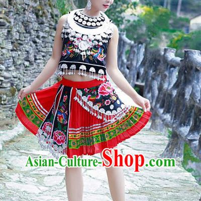 Chinese Hmong Ethnic Female Folk Dance Outfits Miao Nationality Stage Performance Clothing and Hair Accessories