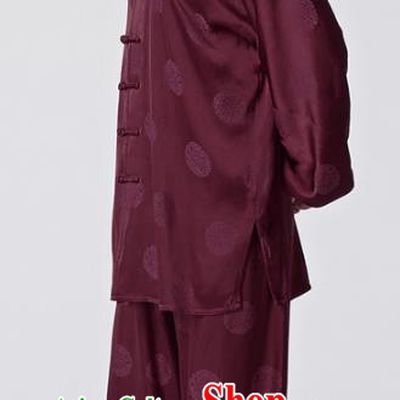 Chinese Traditional Martial Arts Circle Pattern Costumes Tai Chi Kung Fu Wine Red Silk Uniforms