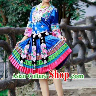 Chinese Miao Nationality Folk Dance Clothing Xiangxi Hmong Ethnic Woman Royalblue Outfits and Headdress
