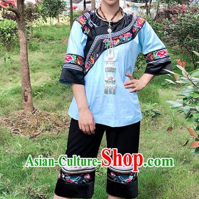 Chinese Ethnic Woman Informal Outfits Costumes Yi Nationality Dress Stage Show Clothing and Hat