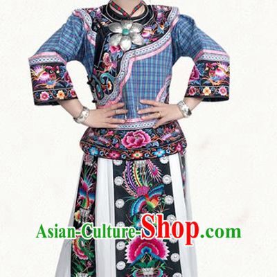 Chinese Miao Nationality Dress Stage Show Clothing Hmong Ethnic Woman Folk Dance Costumes and Hair Jewelry