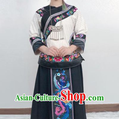 Chinese Xiangxi Nationality Folk Dance Dress Minority Stage Show Clothing Tujia Ethnic Woman Costume and Hat