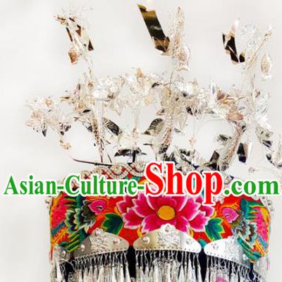 China Sichuan Ethnic Minority Silver Phoenix Coronet Traditional Miao Nationality Folk Dance Embroidered Hat