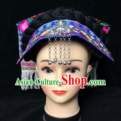 China Ethnic Minority Folk Dance Silver Bells Tassel Headwear Traditional Yi Nationality Embroidered Hat