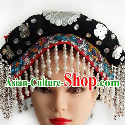 China Yi Ethnic Folk Dance Headwear Traditional Nationality Minority Beads Tassel Hat