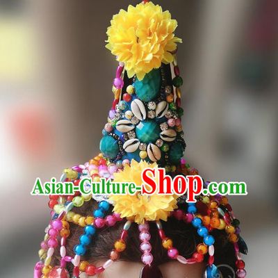China Mosuo Ethnic Folk Dance Headwear Traditional Nationality Minority Beads Tassel Hair Accessories