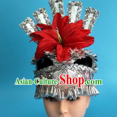 China Miao Ethnic Folk Dance Headwear Traditional Hmong Nationality Minority Silver Phoenix Coronet