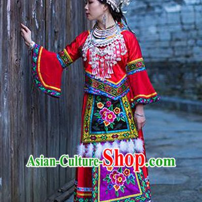 Chinese Dong Nationality Wedding Dress Clothing Ethnic Bride Stage Performance Red Outfits and Hat