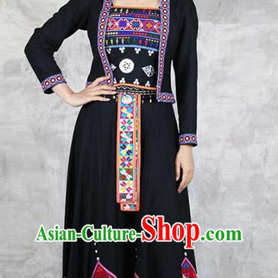 Chinese Hani Minority Informal Clothing Yunnan Ethnic Costume Nationality Woman Black Dress Outfits