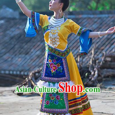 Chinese Dong Nationality Stage Performance Dress Clothing Ethnic Folk Dance Yellow Outfits and Hair Jewelry