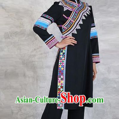 Chinese Lahu Minority Informal Clothing Yunnan Nationality Black Dress Outfits Ethnic Woman Costume