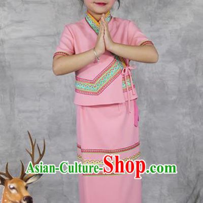 China Dai Nationality Costumes Yunnan Province Ethnic Minority Children Pink Outfits
