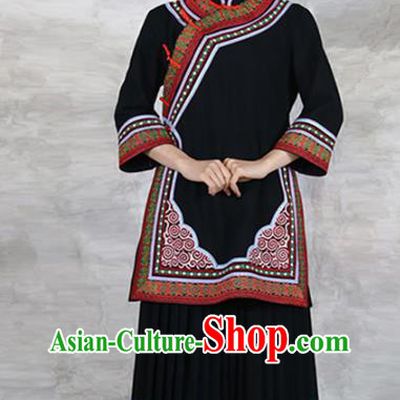 Chinese Ethnic Woman Costume Yi Minority Stage Performance Clothing Yunnan Nationality Folk Dance Black Dress Outfits and Hat